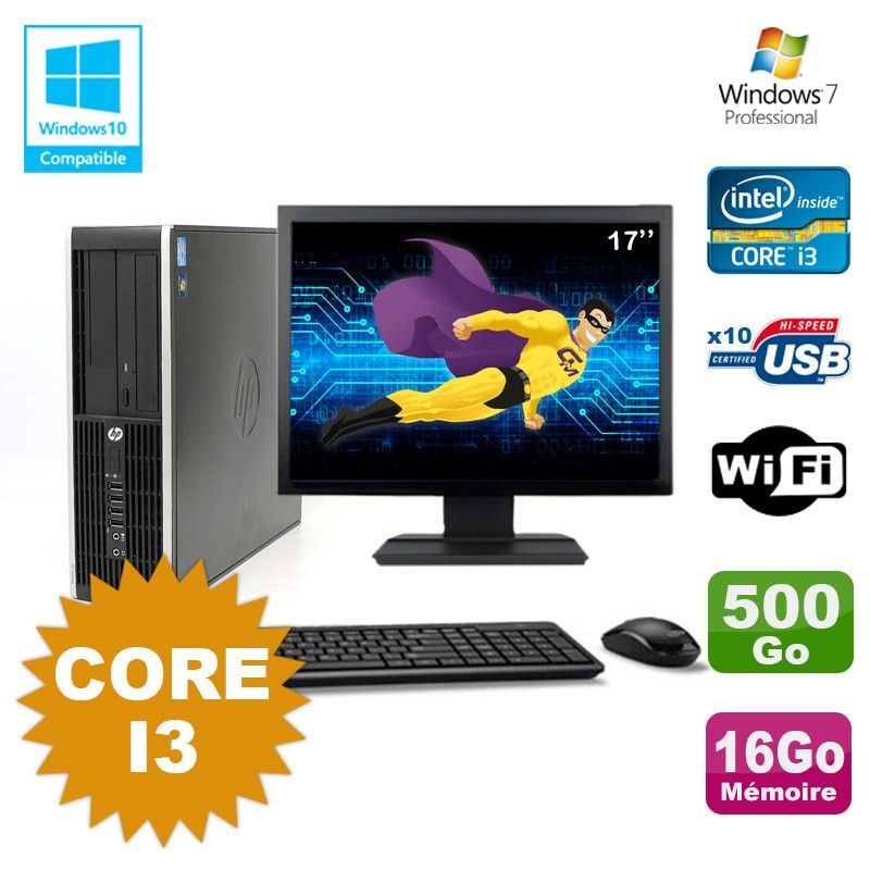 Ordinateur de bureau HP Compaq 6200 Pro SFF - Processeur Core i3, 16 Go de RAM, 500 Go HDD, lecteur DVD, Wi-Fi, Windows 7 + Écran 17"