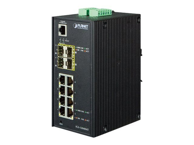 Planet IGS-12040MT - Managed Switch - 8 x 10/100/1000 + 4 x Gigabit SFP - DIN Rail Mount, Wall Mountable - 24V AC / 12-72V DC