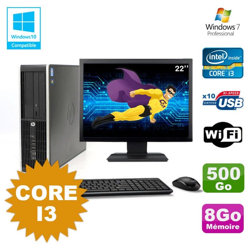 Ordinateur de bureau HP Compaq 6200 Pro SFF - Intel Core i3, 8 Go de RAM, 500 Go HDD, lecteur DVD, Wi-Fi, Windows 7 et écran 22"