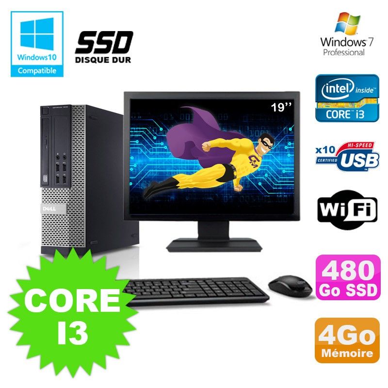 Ordinateur de bureau Dell Optiplex 790 SFF - Intel i3-2120, 4 Go de RAM, 480 Go SSD, écran 19"