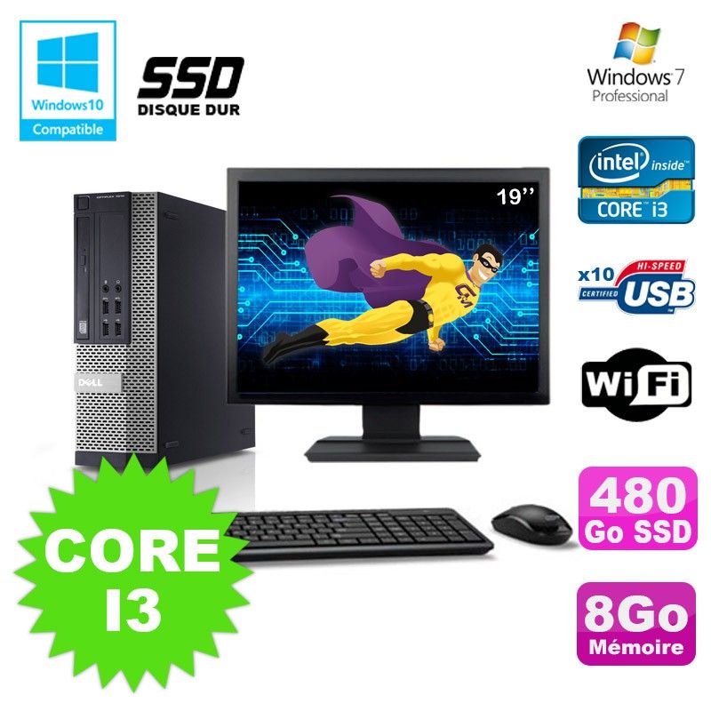 Ensemble PC Dell 790 SFF avec processeur Intel i3-2120, 8 Go de RAM, SSD 480 Go, WiFi, Windows 7 Professionnel + Écran 19"
