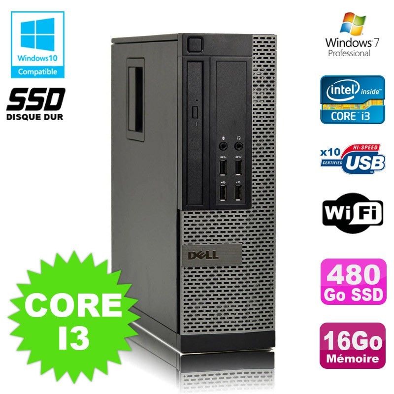 Ordinateur de bureau Dell Optiplex 790 SFF - Processeur Intel Core i3-2120 3,3 GHz, 16 Go de RAM DDR3, 480 Go SSD, Wi-Fi, Windows 7 Professionnel