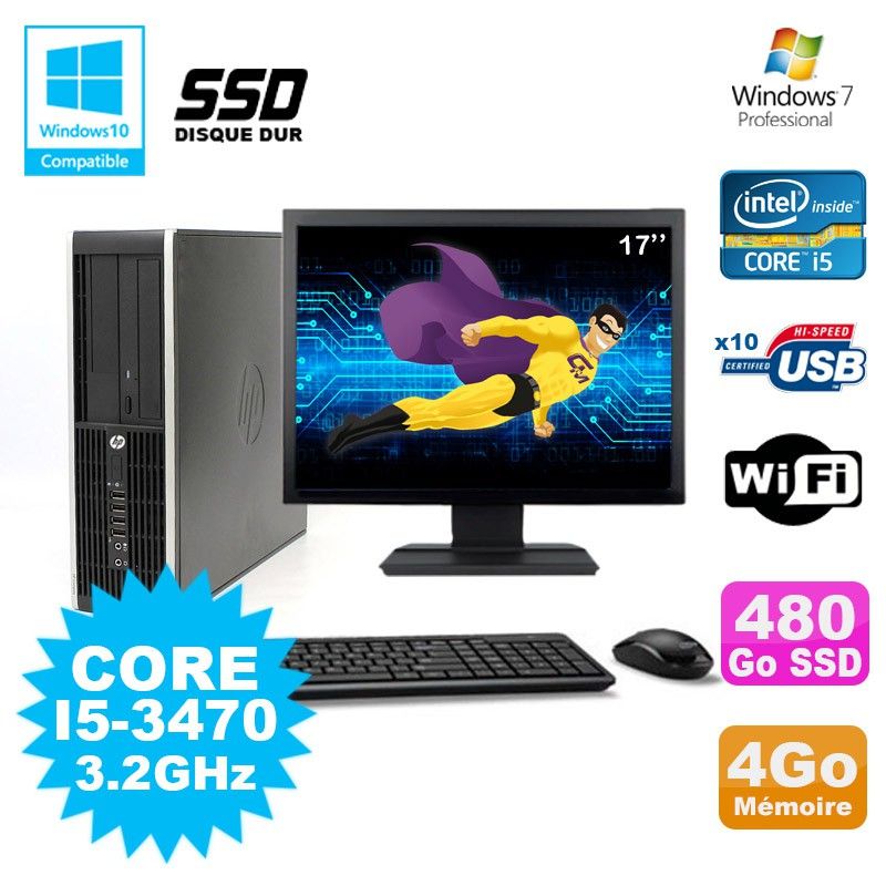 Ordinateur de bureau HP Compaq Elite 8300 SFF - i5-3470, 4 Go de RAM, 480 Go SSD, Graveur DVD, Windows 7 Pro