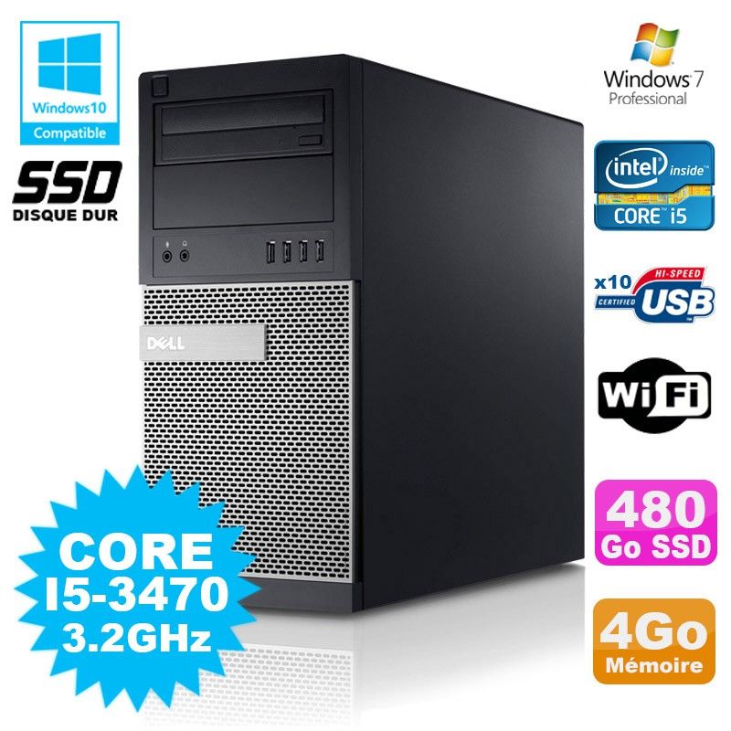 Dell Optiplex 7010 Desktop PC - Core i5-3470, 4GB RAM, 480GB SSD, DVD, WiFi, Windows 7