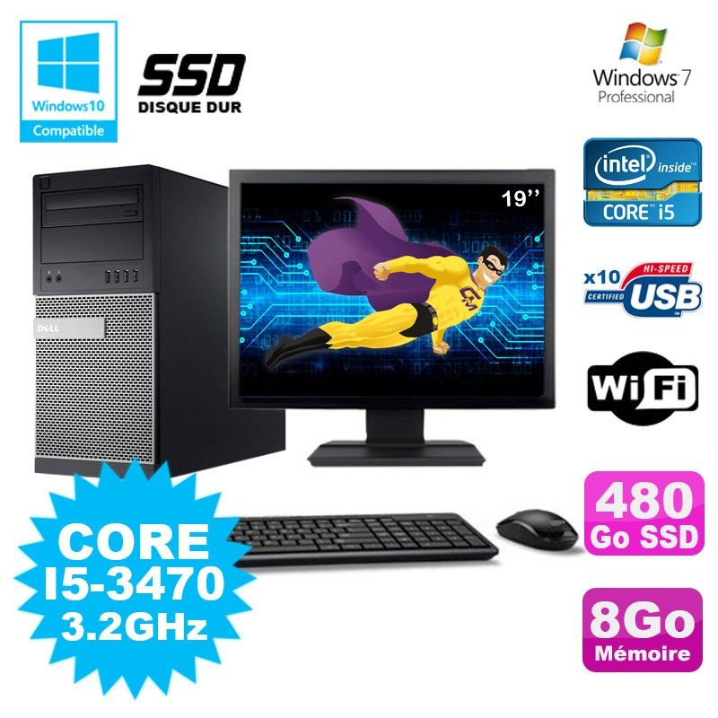 Dell Optiplex 7010 Desktop PC - Intel Core i5-3470, 8GB RAM, 480GB SSD, DVD Drive, WiFi, Windows 7 Pro
