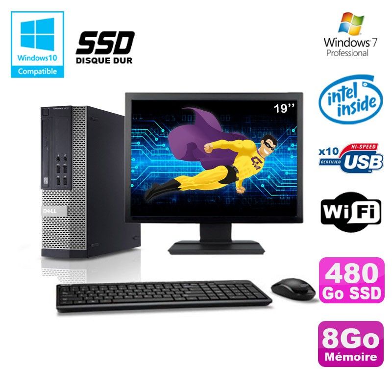 Ordinateur de bureau Dell Optiplex 790 SFF - Processeur Intel G2020, 8 Go de RAM, 480 Go SSD, WiFi, Windows 7 et écran 19"