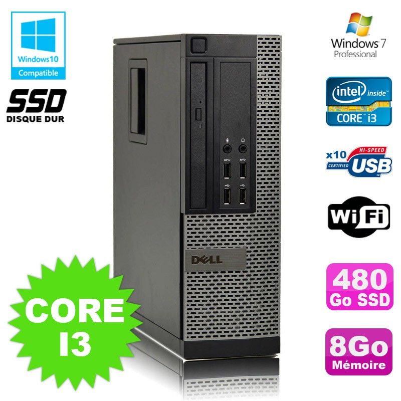 Dell Optiplex 7010 SFF Desktop - Core i3, 8GB RAM, 480GB SSD, DVD Drive, WiFi, Windows 7 Pro