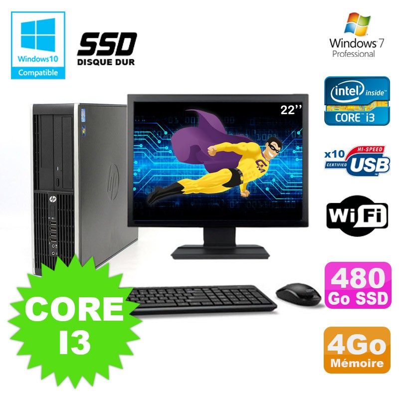 HP Compaq 6200 Pro SFF Desktop - Core i3, 4GB RAM, 480GB SSD, DVD Drive, WiFi, Windows 7 + 22" Monitor