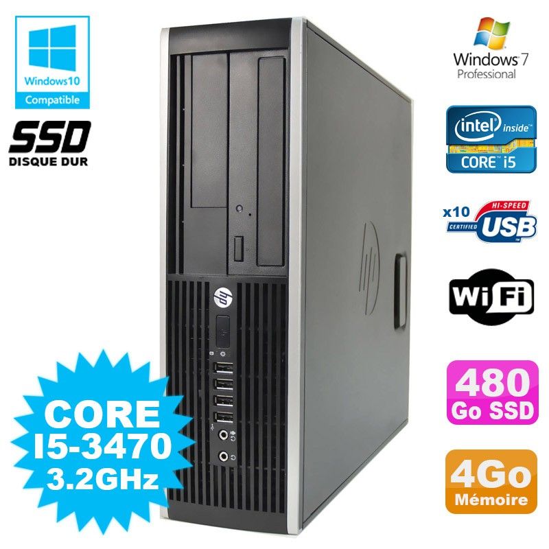 HP Elite 8300 SFF PC - Core i5, 3.2GHz, 4GB RAM, 480GB SSD, DVD Burner, WiFi, Windows 7 Pro