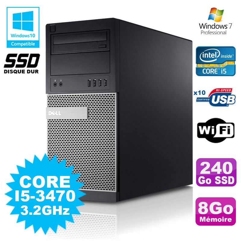Dell Optiplex 790 Tower PC - Intel Core i5-3470, 8GB RAM, 240GB SSD, WiFi