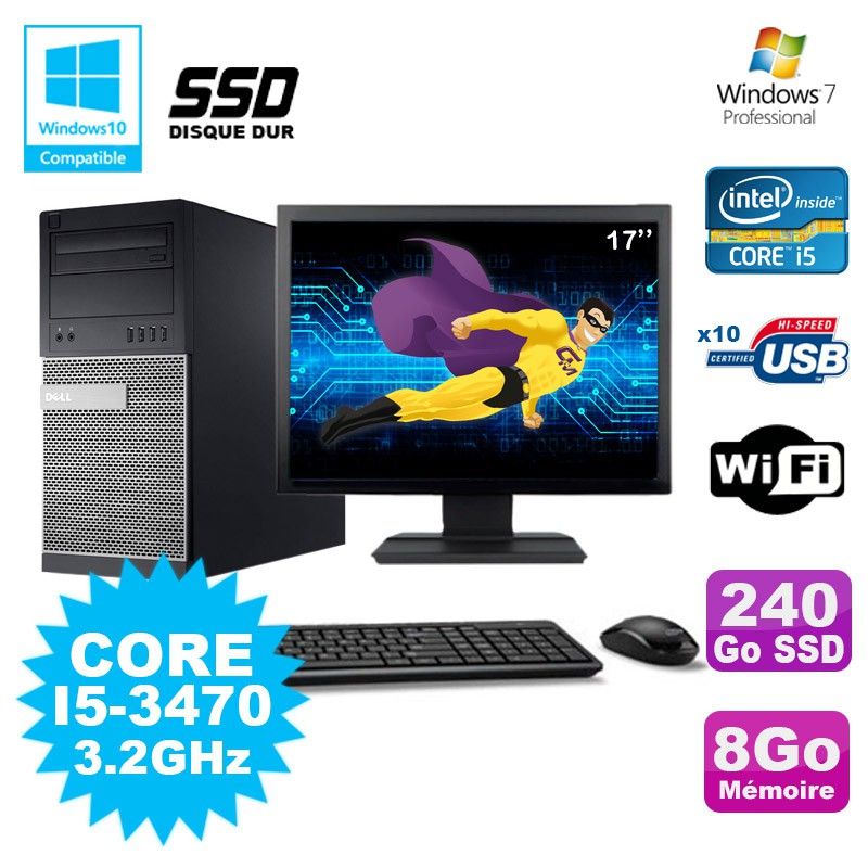 Dell Optiplex 790 Tower PC - i5-3470, 8GB RAM, 240GB SSD, DVD, WiFi, Windows 7 + 17" Screen