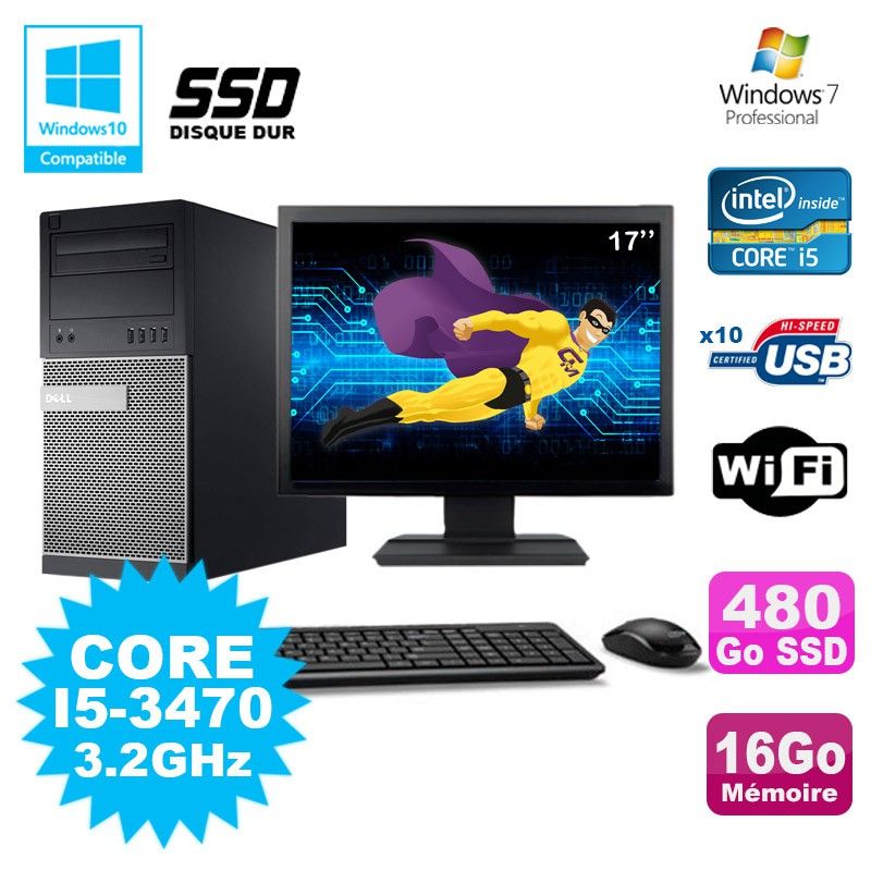 Dell Optiplex 790 Tower PC - i5-3470, 16GB RAM, 480GB SSD, DVD, WiFi, Windows 7 + 17" Screen