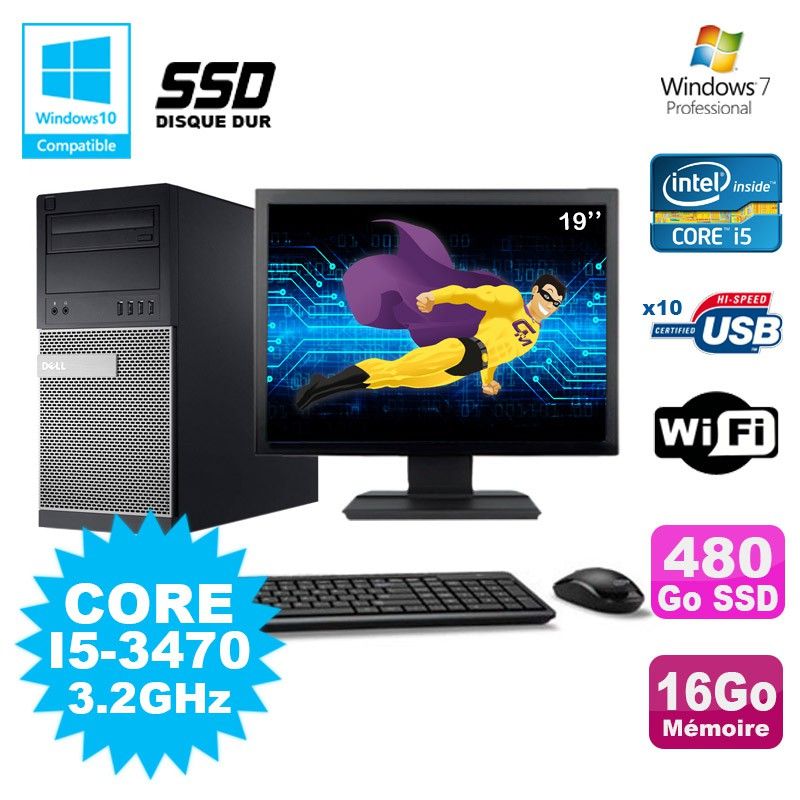 Dell Optiplex 790 Tower PC - i5-3470, 16GB RAM, 480GB SSD, DVD, WiFi, Windows 7 + 19" Screen