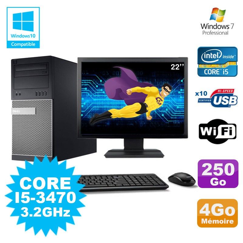 Dell Optiplex 790 Desktop PC - Intel Core i5-3470, 4GB RAM, 250GB HDD, DVD, WiFi, Windows 7 + 22" Monitor