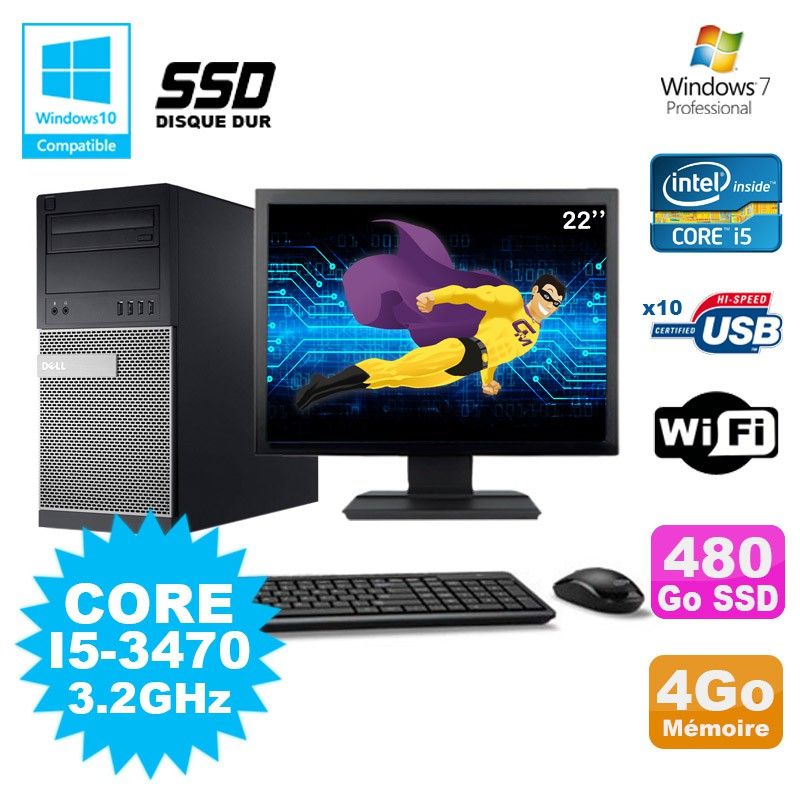 Dell Optiplex 790 Tower PC - Intel Core i5-3470, 4GB RAM, 480GB SSD, DVD Drive, WiFi, Windows 7 + 22" Screen