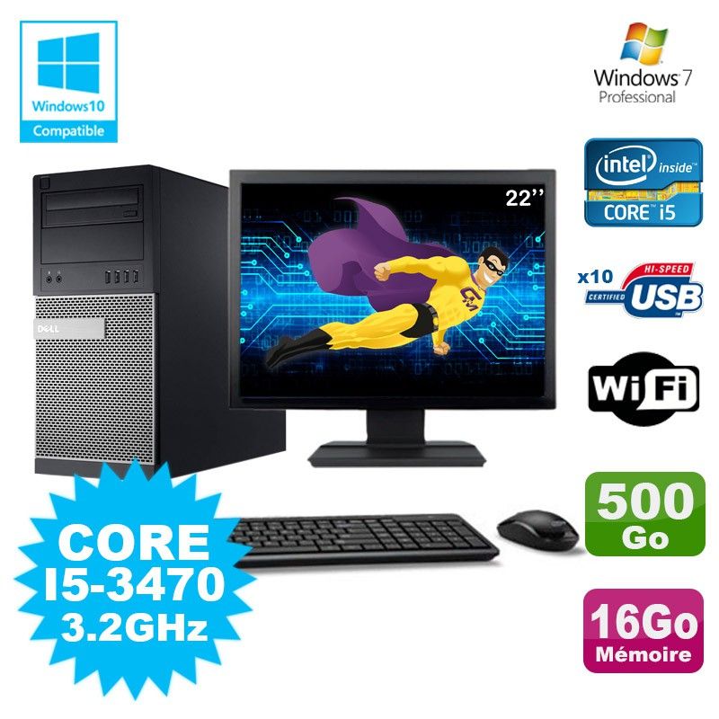Dell Optiplex 790 Desktop PC - Intel i5-3470, 16GB RAM, 500GB HDD, DVD, WiFi, Windows 7 + 22" Screen