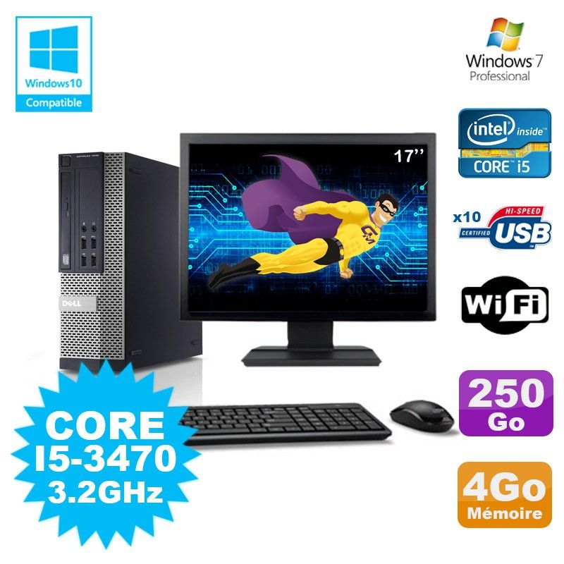 Ordinateur de bureau Dell Optiplex 790 SFF Intel Core i5-3470 3,2 GHz 4 Go 250 Go Wi-Fi Windows 7 + Écran 17 pouces