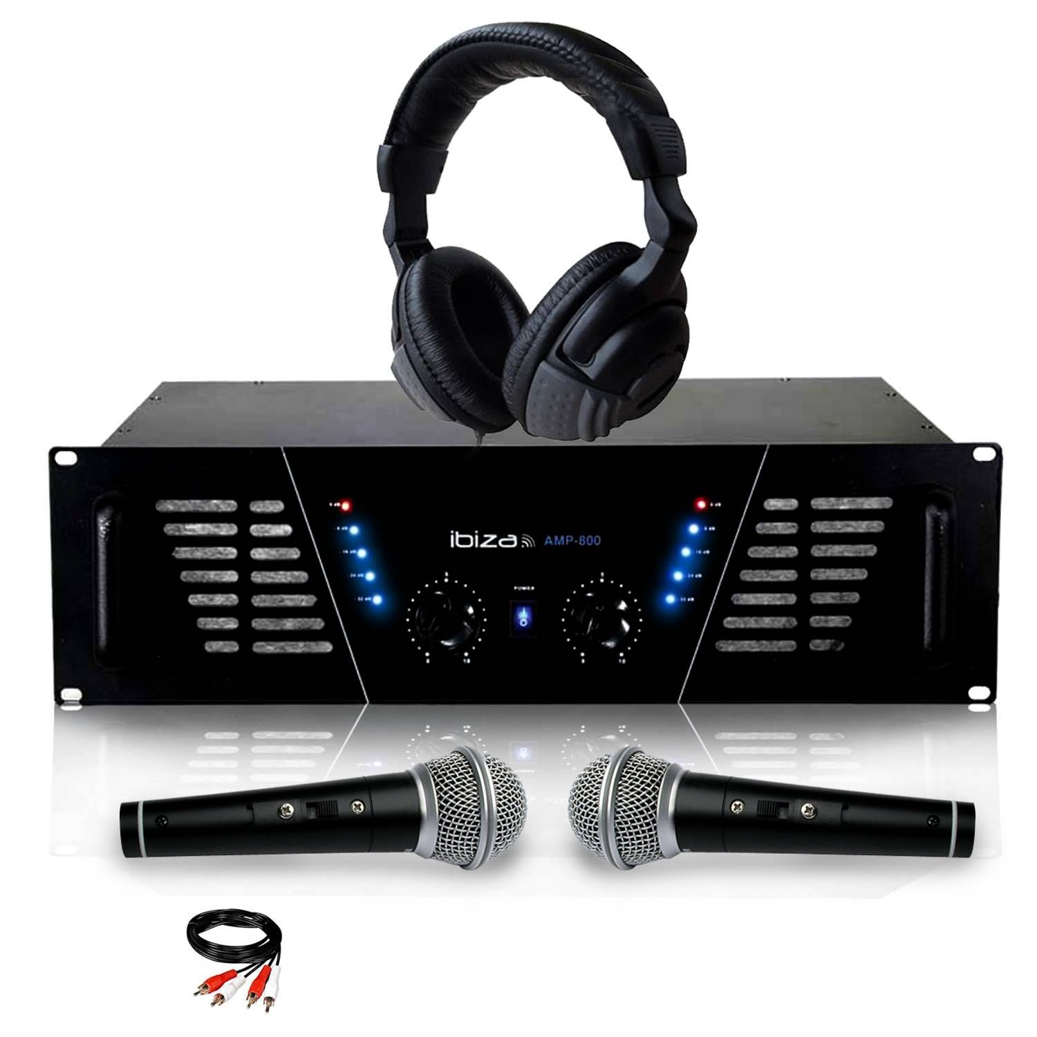 Ibiza Sound AMP-800 2x600W Stereo Amplifier with Headphones, Microphones and RCA Cable