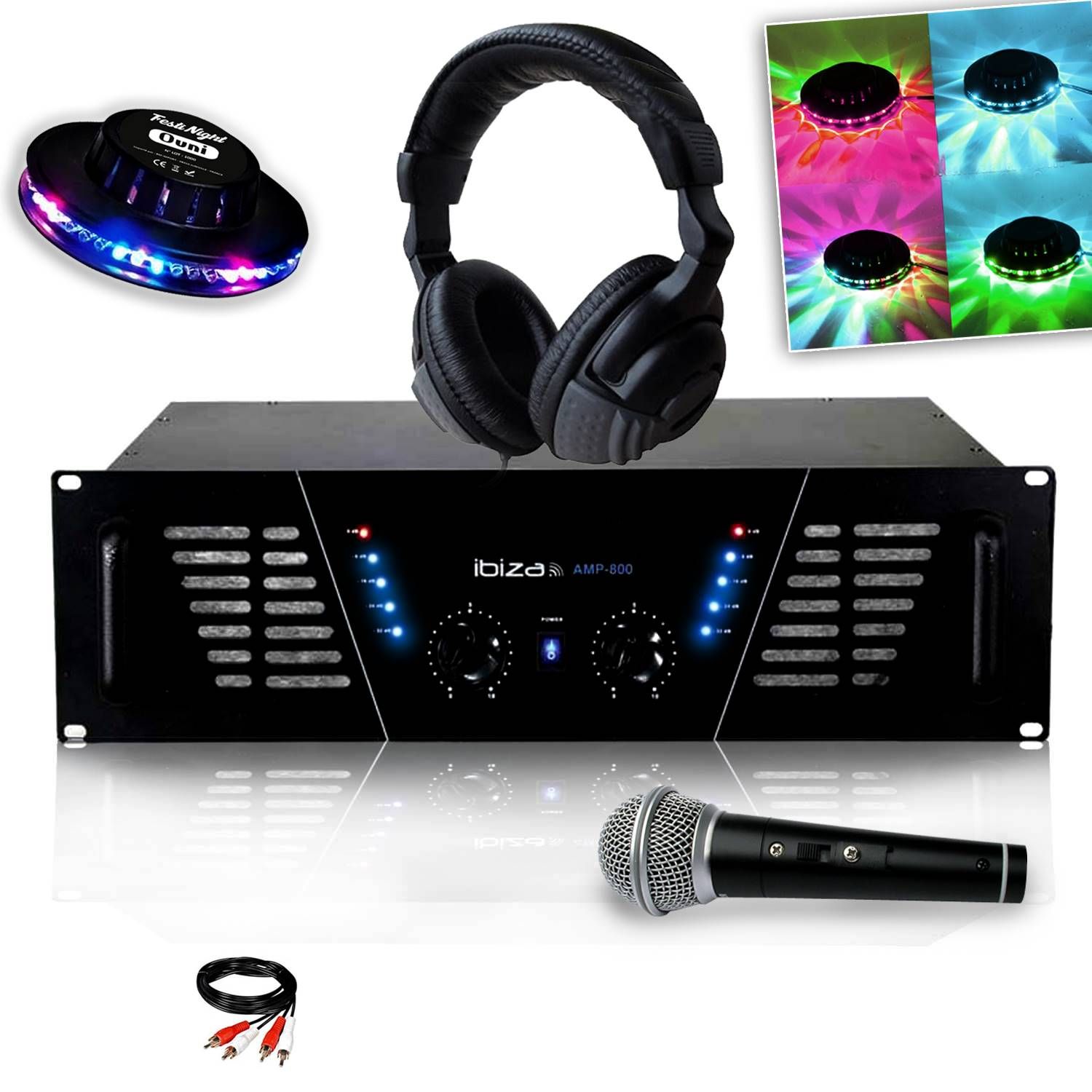 Ibiza Sound 2x600W DJ Amplifier with UFO Effect + Headphones + Microphone and RCA Cable