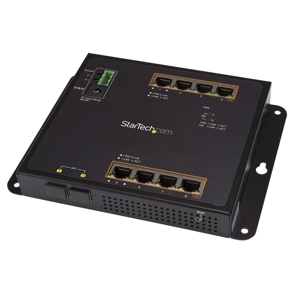 Commutateur Ethernet StarTech.com à 8 ports avec alimentation PoE+ et 2 connexions SFP - Montage mural et accès frontal (IES101GP2SFW)