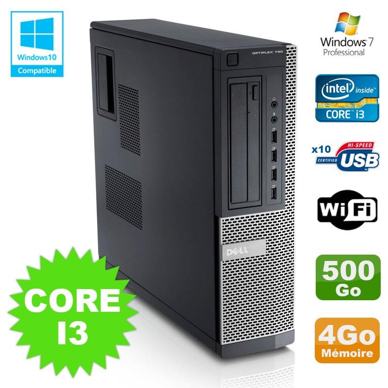 Dell Optiplex 790 DT Desktop Computer - Intel Core i3-2120, 4GB RAM, 500GB HDD, DVD Drive, WiFi, Windows 7