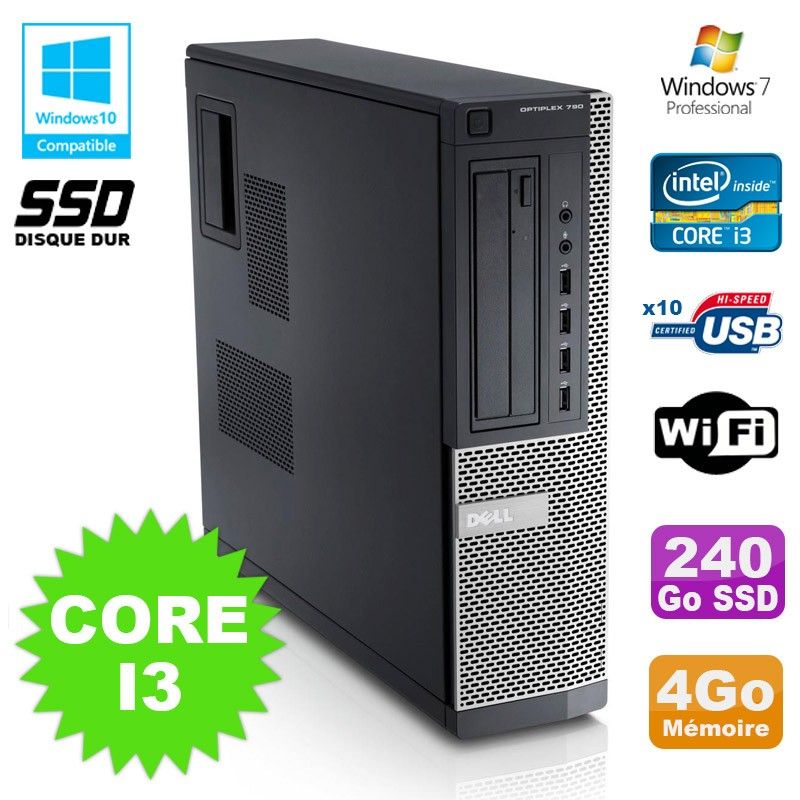 Dell Optiplex 790 DT Desktop PC - Intel i3-2120, 4GB RAM, 240GB SSD, DVD, WiFi, Windows 7