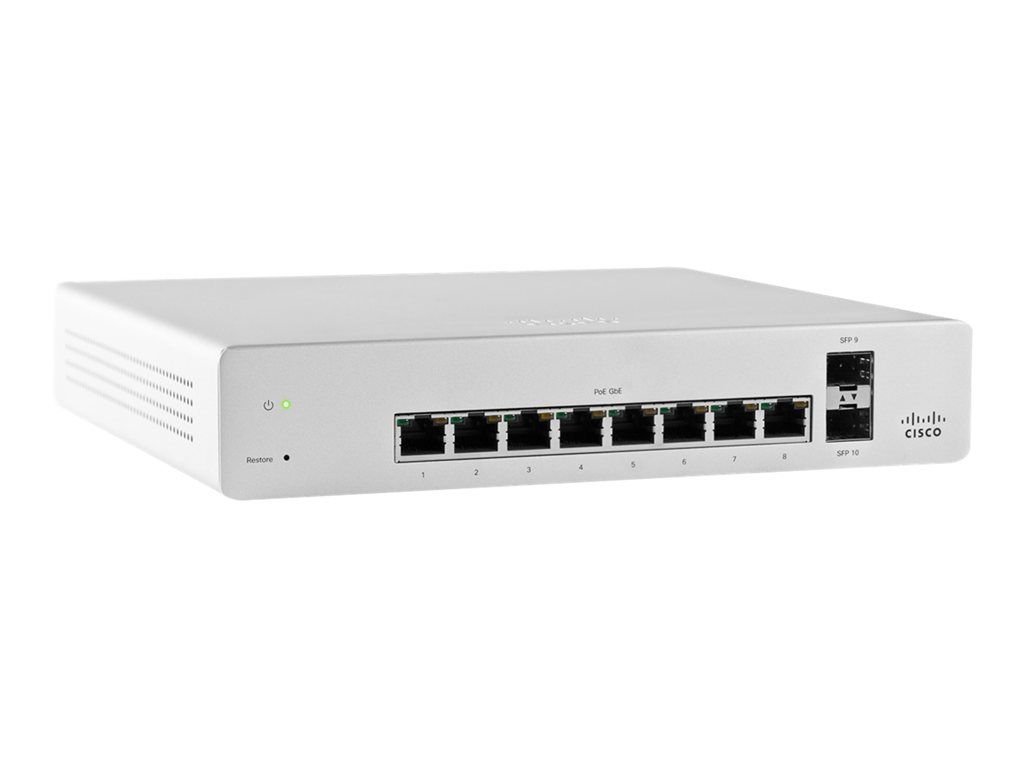 Cisco Meraki Cloud-Managed Switch MS220-8P - 8 x 10/100/1000 PoE+ Ports + 2 x Gigabit SFP - Desktop - PoE+ (124W)