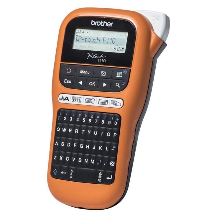 Brother P-Touch PT-E110 Label Maker - Black and White - Thermal Transfer - 1.2 cm Roll - 180 dpi - Up to 20 mm/sec - Cutting Tool - 2 Line Printing - Black, Orange