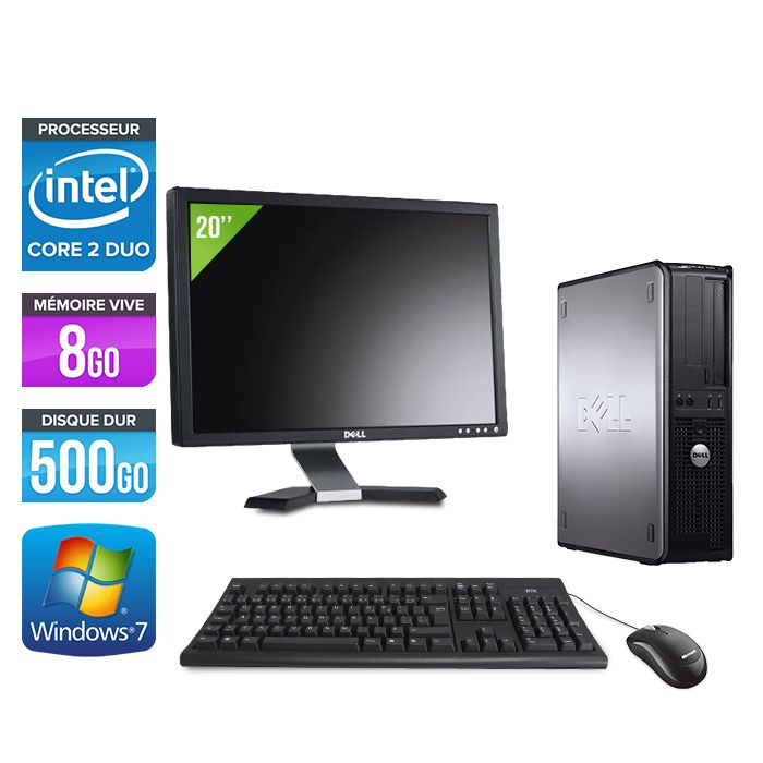 Ordinateur de bureau Dell Optiplex 780 + Écran 20'' - Processeur Intel Core 2 Duo E7500 / 2,93 GHz - 8 Go RAM - Disque dur 500 Go - Lecteur DVD - Ethernet Gigabit - Windows 7 Professionnel