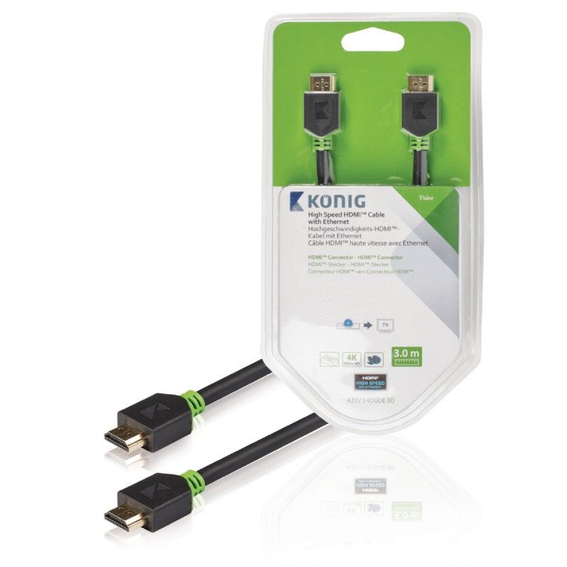 König HDMI Cable with Ethernet - 3m - Grey, Charcoal - 4K Support