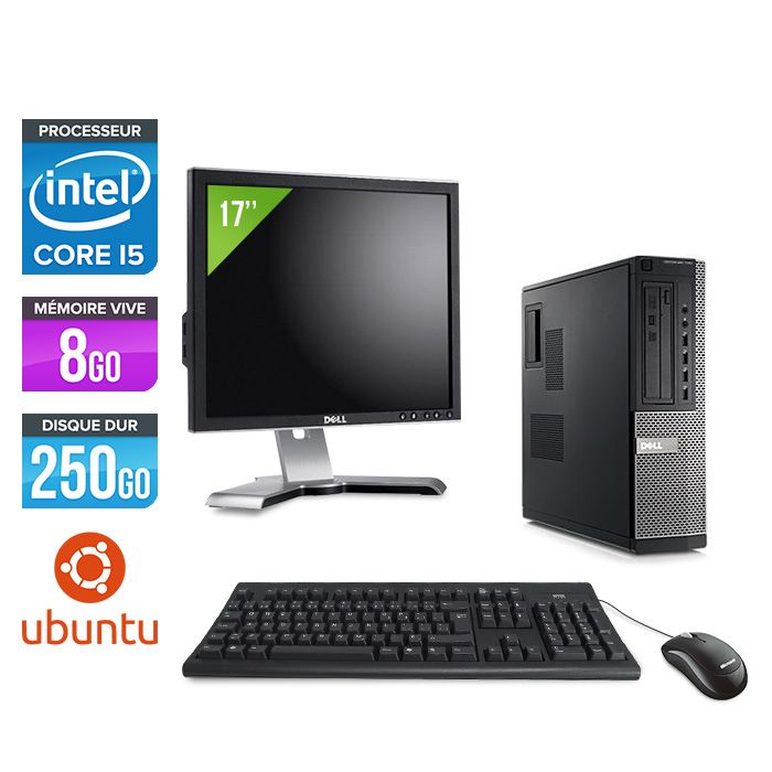 Ordinateur de bureau Dell Optiplex 790 + Écran 17' - Processeur Intel Core i5-2400 / 3,10 GHz - 8 Go de RAM - Disque dur 250 Go - Lecteur DVD - Ethernet Gigabit - Ubuntu/Linux