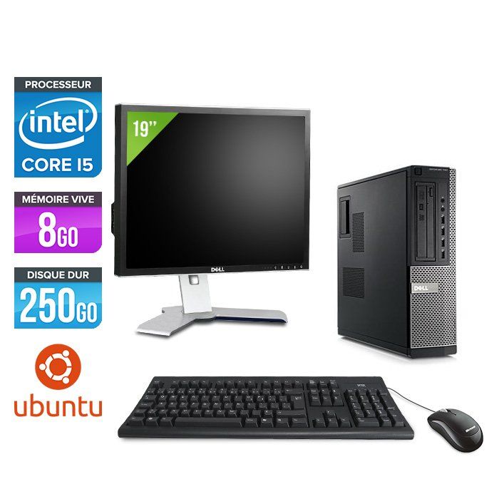Ordinateur de bureau Dell Optiplex 790 + Écran 19' - Processeur Intel Core i5-2400 / 3,10 GHz - 8 Go RAM - Disque dur 250 Go - Lecteur DVD - Ethernet Gigabit - Ubuntu/Linux