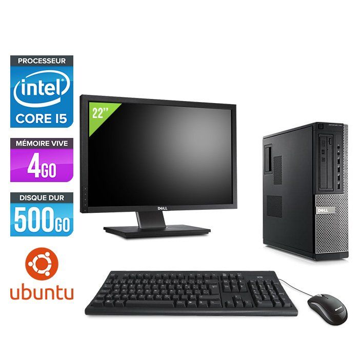 Ordinateur de bureau Dell Optiplex 790 avec écran 22 pouces - Processeur Intel Core i5-2400 / 3,10 Ghz - 4 Go RAM - Disque dur 500 Go - Lecteur DVD - Ethernet Gigabit - Ubuntu/Linux