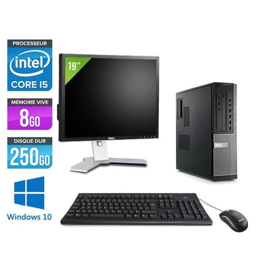 Ordinateur de bureau Dell Optiplex 790 + Écran 19'' - Processeur Intel Core i5-2400 / 3,10 GHz - 8 Go RAM - Disque dur 250 Go - Lecteur DVD - Ethernet Gigabit - Windows 10 Professionnel
