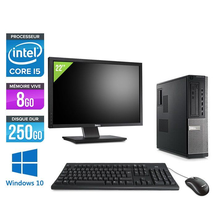 Dell Optiplex 790 Desktop + 22' Screen - Intel Core i5-2400 / 3.10 GHz - 8GB RAM - 250GB HDD - DVD - Gigabit Ethernet - Windows 10 Pro