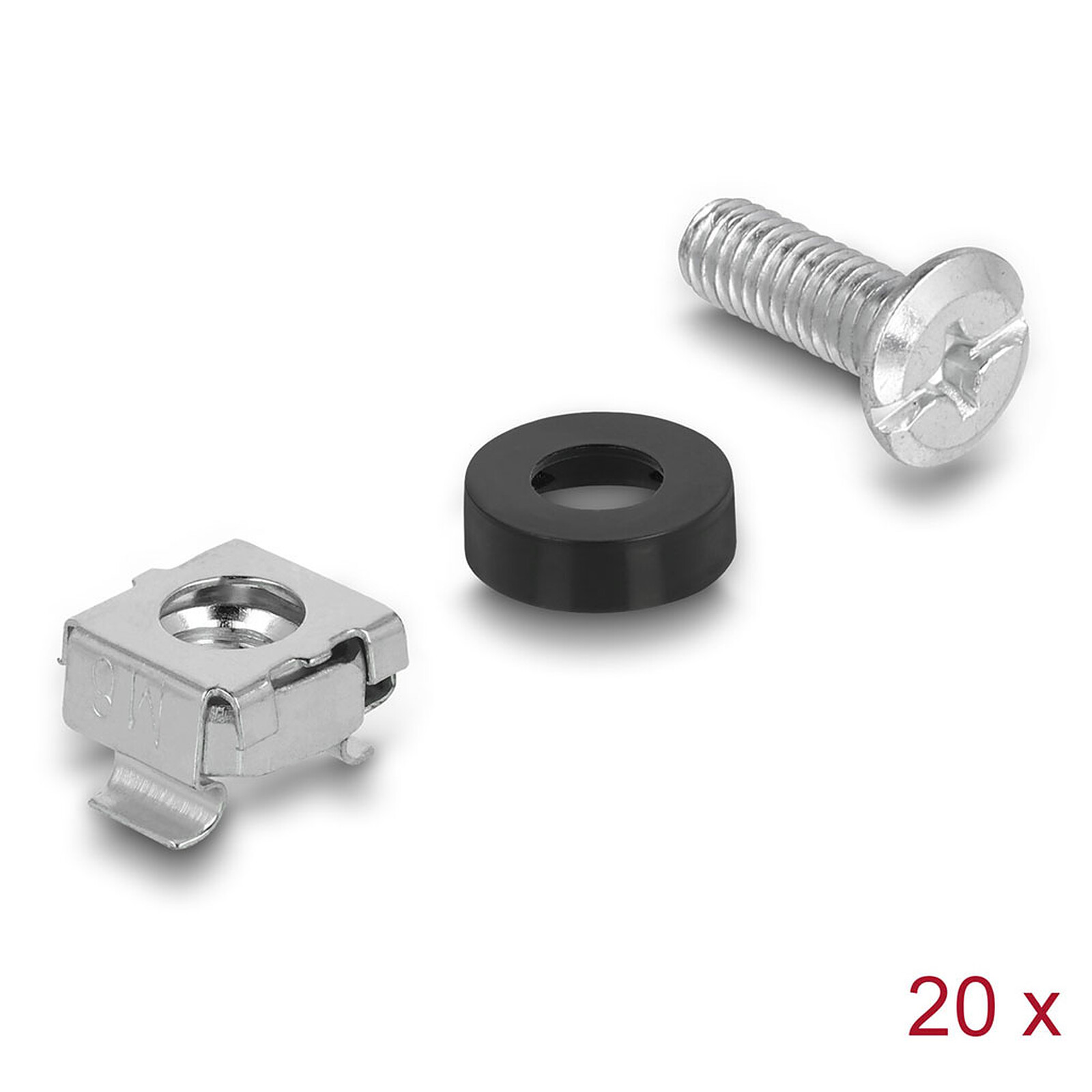 DeLock Rack mounting kit with 20 M6 screws, 20 M6 nuts and 20 plastic washers
