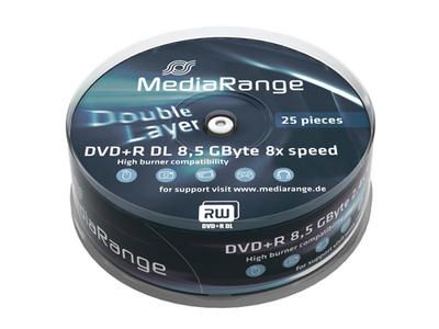 MediaRange - 25 unidades de DVD+R DL 8.5 GB (240 minutos) 8x - Blanco - Superficie imprimible con impresora de inyección de tinta - Portacintas