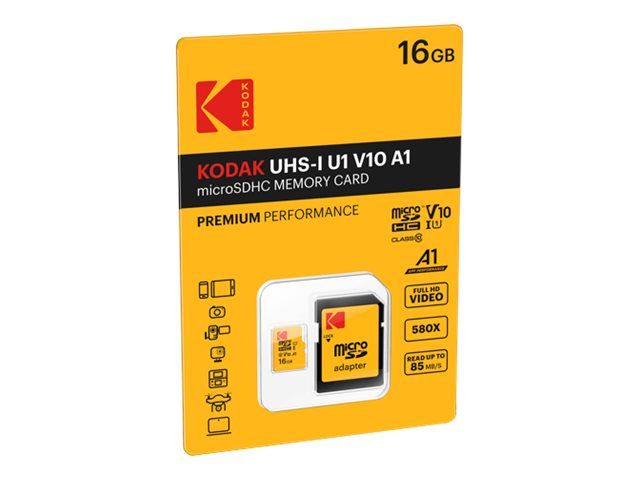 Kodak Flash Memory Card (microSDHC Adapter - SD Included) - 16GB - UHS-I U1 / Class10 - 580x - microSDHC UHS-I
