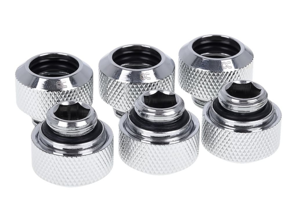 Alphacool HardTube 16mm Compression Fittings - Liquid Cooling System - Chrome (Pack of 6)