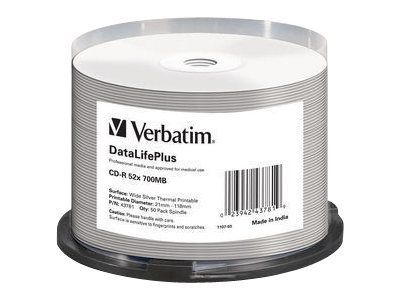 Verbatim 50x CD-R - 700MB, 52x Speed, Silver Thermal Printable Surface, Spindle