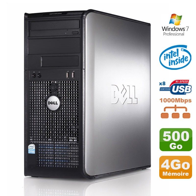 Tour Dell Optiplex 780 MT - Processeur Intel E5200 2,5 GHz, 4 Go de RAM, Disque dur 500 Go, Graveur DVD, Windows 7 Professionnel