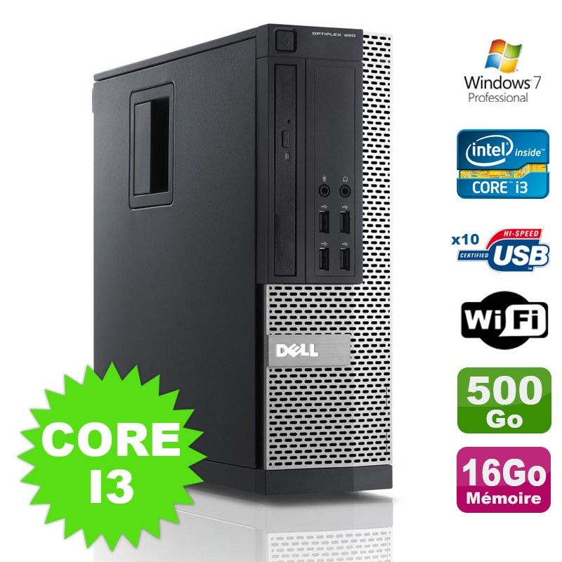 Dell Optiplex 990 SFF Desktop Computer - Intel Core i3-2120, 3.3GHz, 16GB RAM, 500GB HDD, DVD Drive, WiFi, Windows 7 Pro
