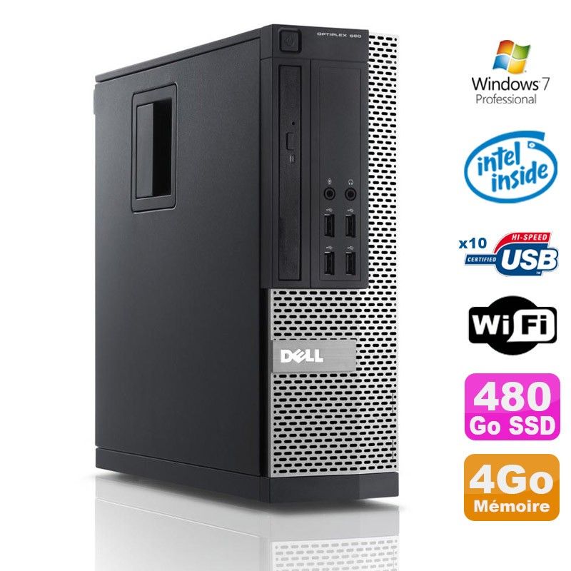 Dell Optiplex 990 SFF Computer - Intel G630, 4GB RAM, 480GB SSD, DVD Drive, WiFi, Windows 7 Pro