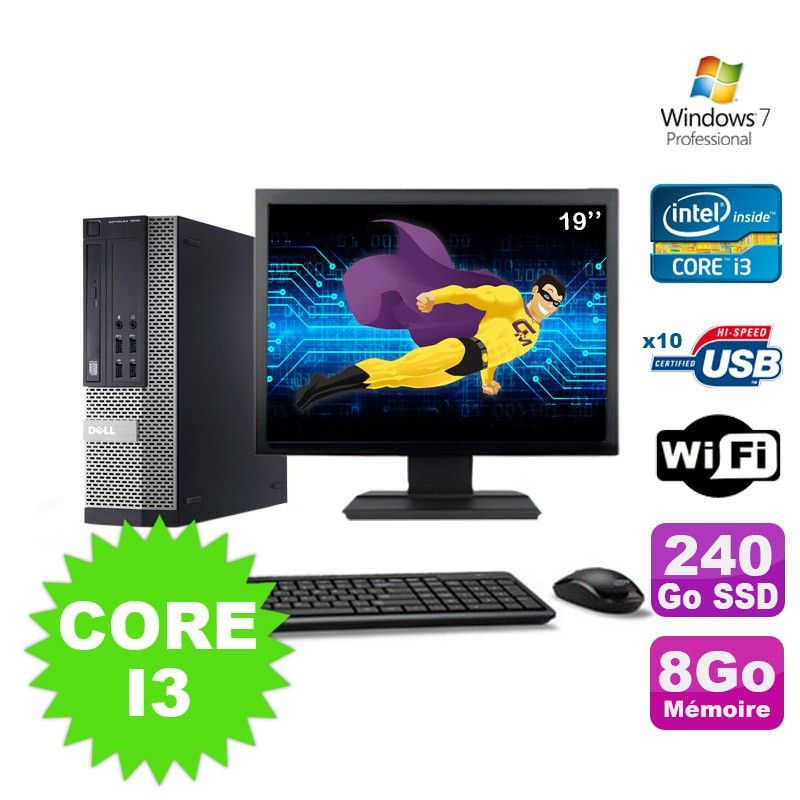 Dell Optiplex 990 SFF I3-2120 3.3GHz 8GB 240GB SSD DVD WiFi Win7 + 19" Screen