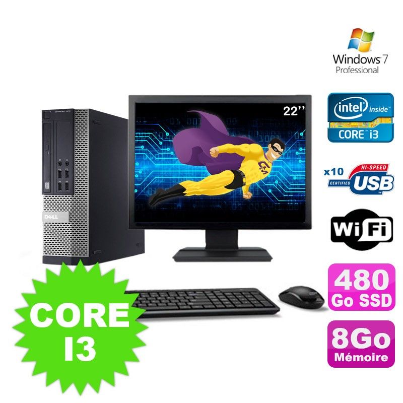 Dell Optiplex 990 SFF Desktop PC - I3-2120, 8GB RAM, 480GB SSD, DVD, WiFi, Windows 7 Pro + 22" Monitor