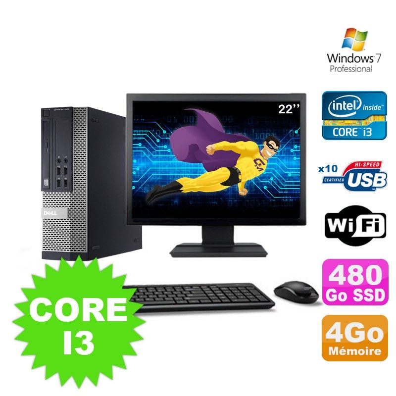 Dell Optiplex 990 SFF Desktop PC - I3-2120, 4GB RAM, 480GB SSD, DVD, WiFi, Windows 7 Pro + 22" Monitor