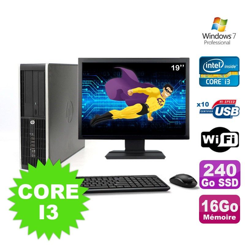 HP Compaq Elite 8100 SFF Core i3-530 16GB 240GB SSD DVD WiFi Win7 + 19" Screen