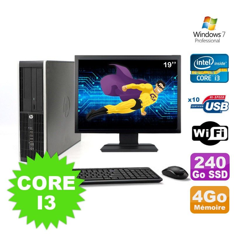 HP Compaq Elite 8100 SFF Desktop PC - Core i3-530, 4GB RAM, 240GB SSD, DVD Drive, WiFi, Windows 7 Pro + 19" Monitor