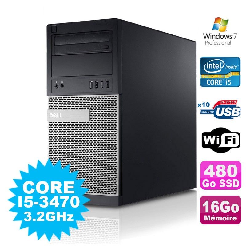 Dell Optiplex 7010 Tower PC - Core i5-3470, 3.2GHz, 16GB RAM, 480GB SSD, DVD, WiFi, Windows 7