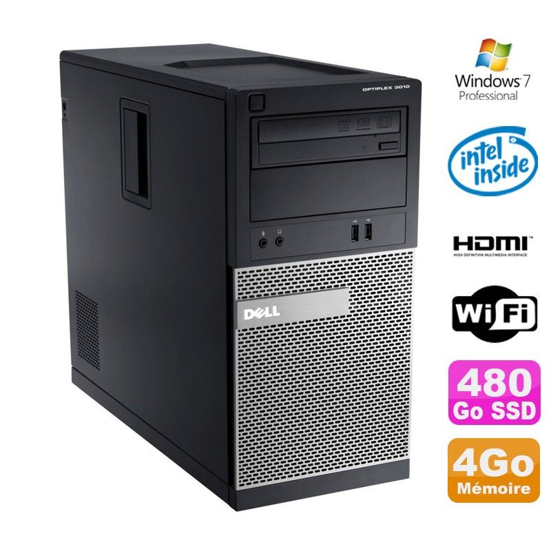 Dell Optiplex 3010 MT Desktop PC - Intel G2020, 4GB RAM, 480GB SSD, HDMI, Wi-Fi, Windows 7 Pro